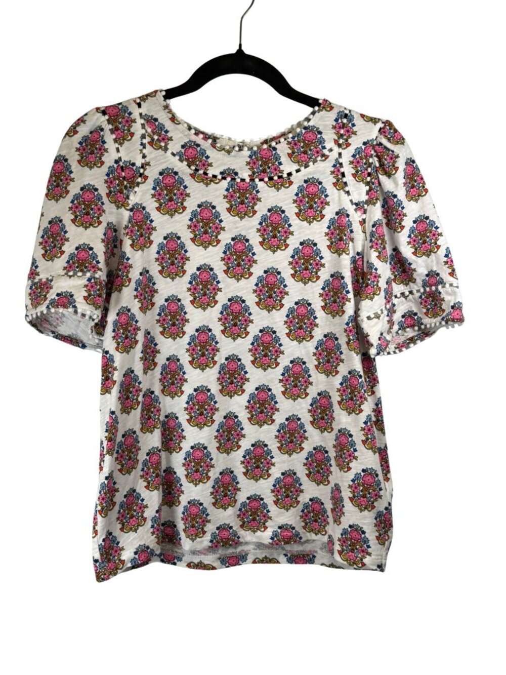 Boden Mila Floral Pom Pom Trim Cotton Top Womens US 6 Ivory Pink Blue Boho
